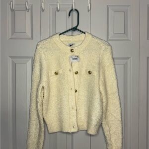 American Eagle Outfitters Cream Knit Cardigan with Gold Accents